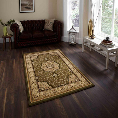  - Green Traditional Easy To Clean Bordered Floral Rug For Dining Room-160Cm X 230Cm