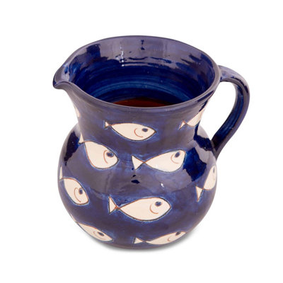 Verano Spanish Ceramics Signature Blue & White Fish Hand Painted Ceramic Kitchen Large Jug Pourer 1.5L (H) 19Cm from B&Q
