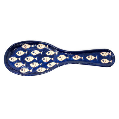 Verano Spanish Ceramics Signature Blue With White Fish Hand Painted Ceramic Utensil Spoon Rest (L) 28Cm from B&Q