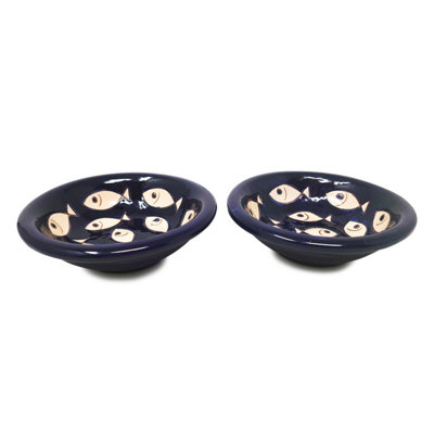 B&Q -  Signature Blue & White Fish Hand Painted Ceramic Set Of 2 Tapas Bowls (Diam) 12Cm