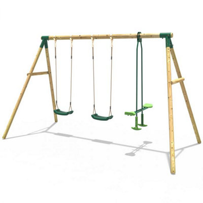 B&Q -  Wooden Garden Swing Set With 2 Standard Swings And Glider For KidsNeptune Green