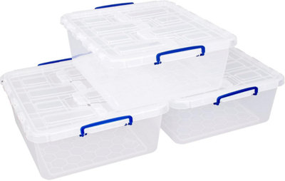 B&Q -  Box Plastic Storage Box 31.5 Litre Clear Winged Lid (Pack Of 3)