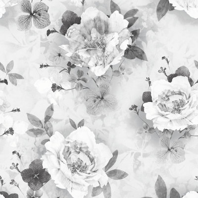 Muriva Grey Floral Glitter Effect Embossed Wallpaper Large