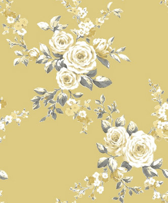Catherine Lansfield Ochre Floral Pearl Effect Embossed Wallpaper