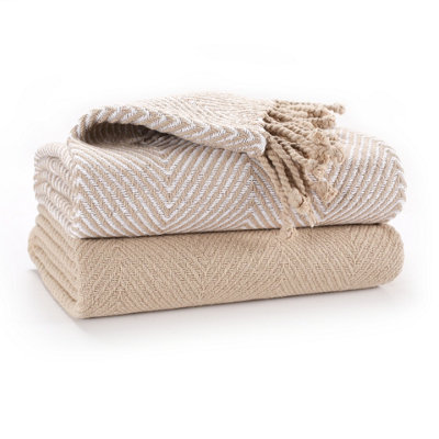 Ehc Luxury Pack Of 2 Chevron Cotton Single Sofa Throw Blanket125X 150CmsBeige from B&Q