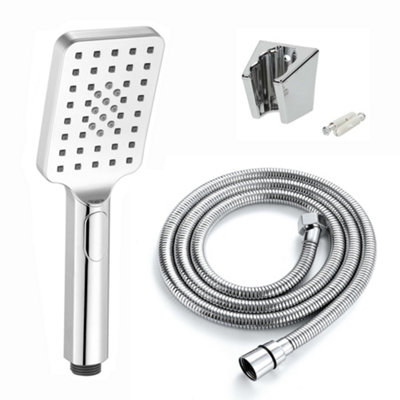 Enki Chrome Modern Traditional Bathroom Square Multi-Function Anti-Clog Nozzle Handheld Shower Head W/ Wall Bracket & Hose Kit from B&Q