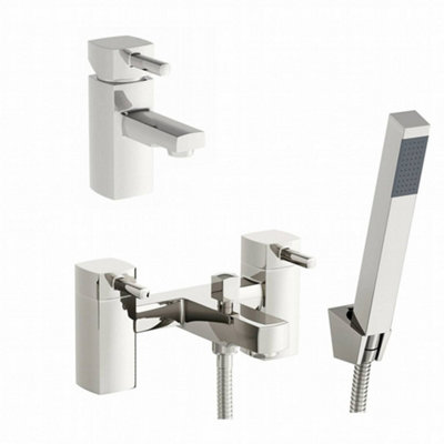 Enki Stella Chrome Silver Modern Bathroom Solid Brass Swivel Lever Handle Basin Bath Shower Mixer Tap Pack W/ Square Handset Kit from B&Q