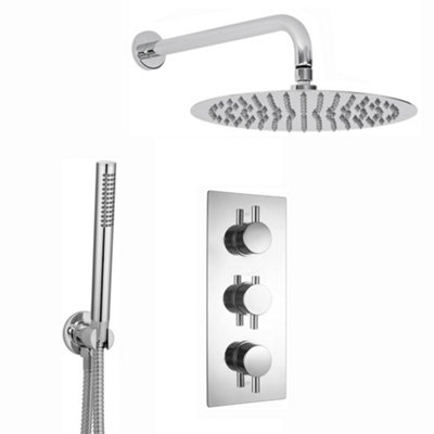 Enki Naples Chrome Contemporary Round Concealed Thermostatic Shower Set Triple ValveWall Fixed 8" Shower HeadHandshower Kit from B&Q