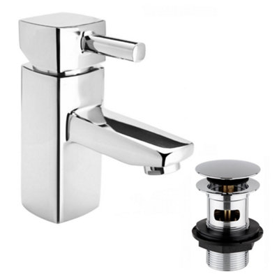 Enki Stella Chrome Silver Modern Bathroom Solid Brass Swivel Lever Handle Hot & Cold Square Angular Basin Mixer Tap & Waste Trap from B&Q