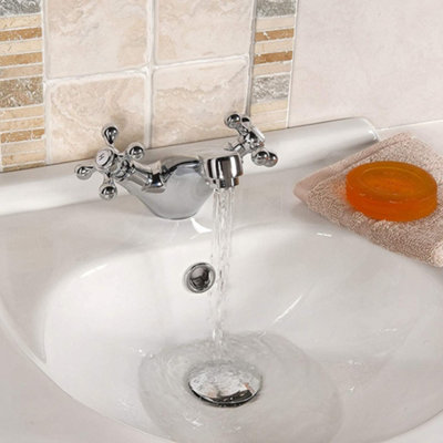 Enki Beaumont Chrome Traditional Bathroom Solid Brass Dual Flow Hot & Cold Round Spout 1/2" Connection Basin Mixer Tap & Waste from B&Q