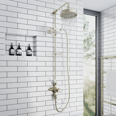 Enki Downton English Gold White Traditional Bathroom Brass Ceramic Thermostatic 2-Outlet Telephone Shower Head & Riser Rail Kit from B&Q