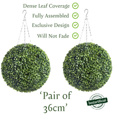 Pair Of Best Artificial 36Cm Green Boxwood Buxus Grass Hanging Basket Topiary BallSuitable For Outdoor Use