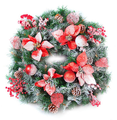 Best Artificial Red/White Christmas Frosted Wreath With 30 Bright Led Battery Lights 60Cm