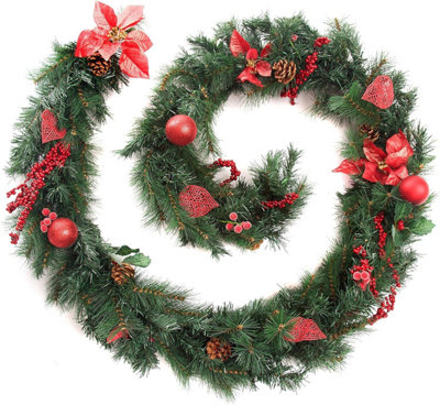 Best Artificial Christmas 9Ft Red Decorated Christmas Garland Bannister Staircase Fireplace from B&Q