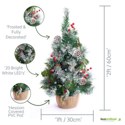 Best Artificial 2ft / 60cm Small Decorated Indoor Christmas Tree with 20 Bright White LED Battery Lights (Frosted Red) - Image 3