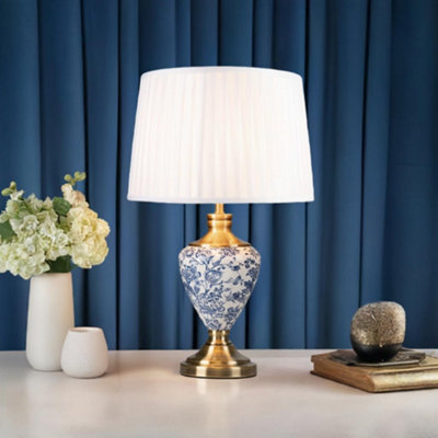 Lighting Supermarket Hepburn Large Ceramic Table Lamp Ivory Pleat Shade White Blue Antique Brass 58Cm from B&Q