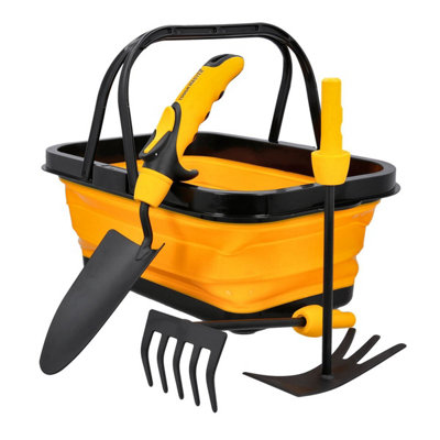 Tough Master Garden Tool Set Steel Hand Tool Gift Set With Hand Trowel, 2 In 1 Hand Hoe, Rake & Foldable Basket - 4 Pieces