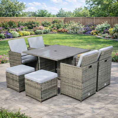 Hera Rattan Cube 8 Seater Dining Garden Patio Set W/ Parasol HoleGrey from B&Q