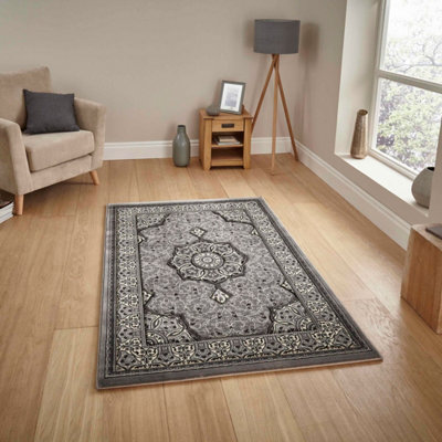 B&Q Traditional Easy To Clean Bordered Floral Rug For Dining Room-160Cm X 230Cm Silver