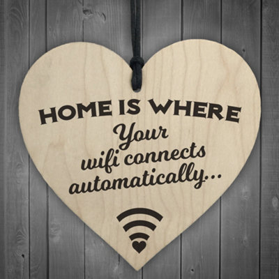 Red Ocean Home Is Where Wifi Is Novelty Wooden Hanging Heart Plaque from B&Q