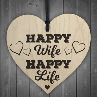 Red Ocean Happy Wife Happy Life Wooden Hanging Heart Love Plaque from B&Q