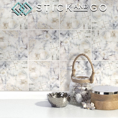 Stick And Go Self Adhesive Stick On Tiles Classic Marble 6" X 6" Box Of 8 Apply Over Any TileOr Directly On To The Wall from B&Q