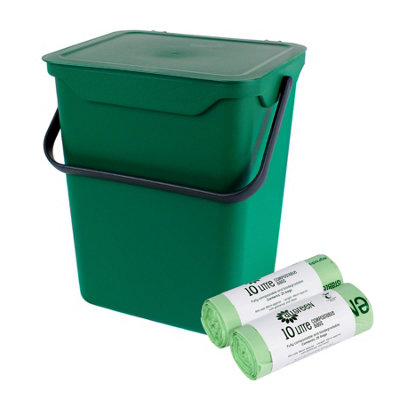 Purely Home Easy Eco 10L Large Kitchen Compost Caddy/food Waste Bin & 50X 10L Compostable BagsGreen from B&Q