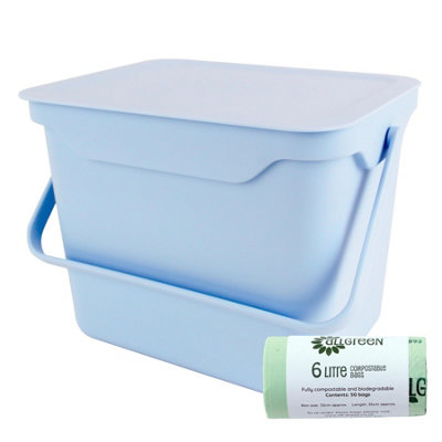 Purely Home Easy Eco 5L Pastel Blue Kitchen Compost Caddy/food Waste Bin & 50 X 6 Litre Compostable Bags from B&Q