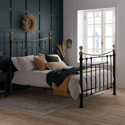 Bronte King Size Bed Frame - Black and Antique Brass Metal - Steel Construction - Sprung Slatted Base - Image 8