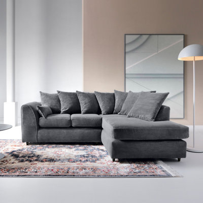 Abakus Direct Grey Jumbo Cord Right Facing Corner Sofa For Living Room With Thick Luxury Deep Filled Cushioning
