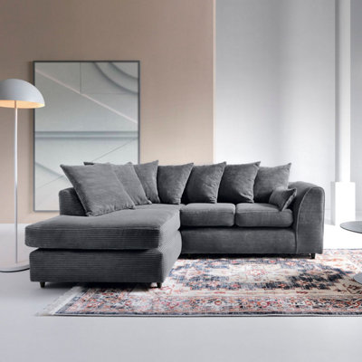 Abakus Direct Grey Jumbo Cord Left Facing Corner Sofa For Living Room With Thick Luxury Deep Filled Cushioning