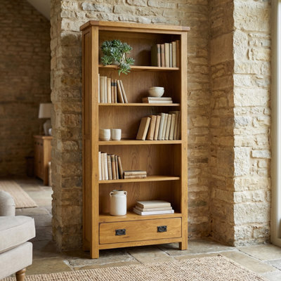The Furniture Market Rustic Oak Large Tall Adjustable 5 Shelf Bookcase With Drawer from B&Q