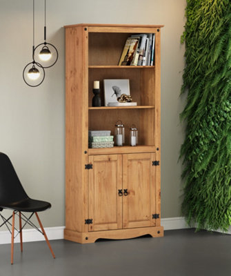 Mercers Furniture Corona 2 Door Bookcase Display Storage Solid Pine With Mexican Styling Grain/Black