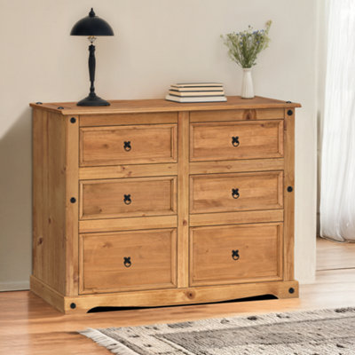Mercers Furniture Corona 6 Drawer Wide Chest Of Drawers Sideboard Solid Pine With Mexican Styling Grain/Black