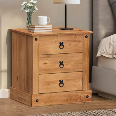 Mercers Furniture Corona 3 Drawer Budget Bedside Table Cabinet Solid Pine With Mexican Styling Grain/Black