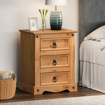 B&Q -  Corona Bedside Cabinet 3 Drawer Large 53Cm Table Chest Solid Wooden Pine Wood With Mexican Styling Wooden