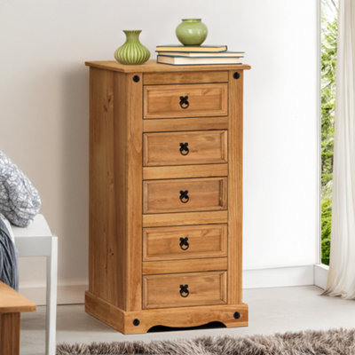 Mercers Furniture Corona 5 Drawer Narrow Chest Solid Pine With Mexican Styling Grain/Black