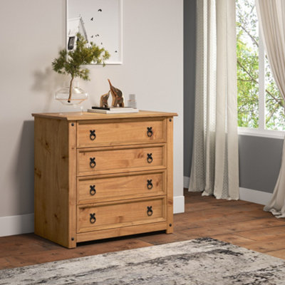 B&Q -  Corona Small 4 Drawer Chest Of Drawers Rustic Solid Wood Pine Wooden With Mexican Styling Bedroom