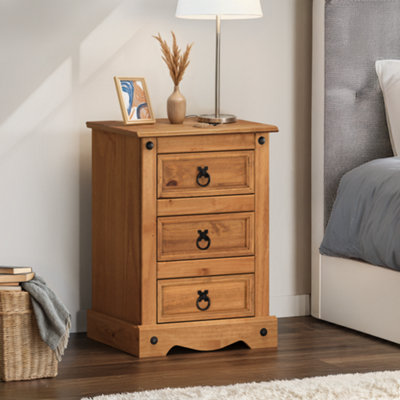 Mercers Furniture Corona 3 Drawer Bedside Cabinet Chest Solid Pine Medium With Mexican Styling