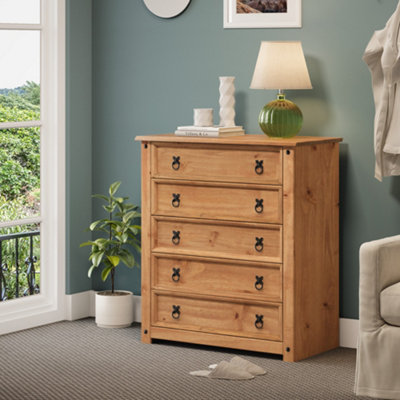 B&Q -  Corona Small 5 Drawer Chest Of Drawers Rustic Solid Wood Pine Wooden With Mexican Styling Bedroom