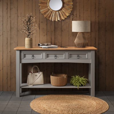 B&Q -  Corona Grey Wax 3 Drawer Console Table 1 Shelf Hallway Side Unit Solid Pine With Mexican Styling