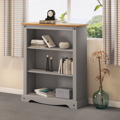 B&Q -  Corona Grey Wax Small Bookcase 2 Shelf Open Display Low Unit Solid Wood Pine Wooden With Mexican Styling