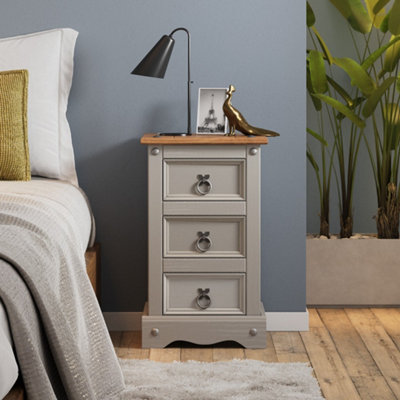 Mercers Furniture Corona Wax Narrow 3 Drawer Bedside Cabinet Chest Table Solid Pine With Mexican Styling Grey