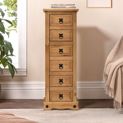 B&Q -  Corona Narrow 6 Drawer Bedside Table Cabinet Chest Solid Wood Pine Wooden Tall Slim With Mexican Styling