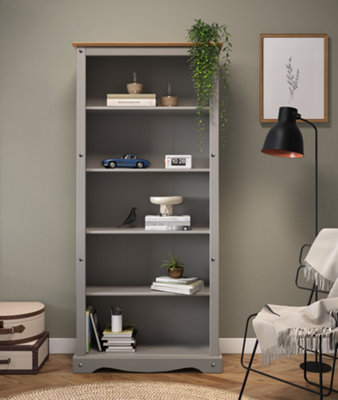 Mercers Furniture Grey Corona Wax Bookcase 5 Shelf Open Display Solid Pine With Mexican Styling Large