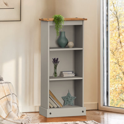 B&Q -  Corona Grey Wax Low Narrow Bookcase Cd Open Shelving Shelves Storage Solid Pine With Mexican Styling
