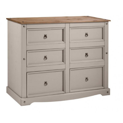 Mercers Furniture Corona Wax 6 Drawer Wide Chest Of Drawers Solid Pine With Mexican Styling Grey