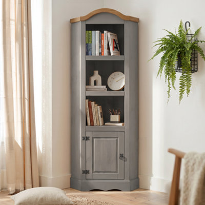 Mercers Furniture Corona Grey Wax Corner Display Unit Solid Wood Pine Wooden Painted Bookcase - Distressed Grey Wax - Image 4