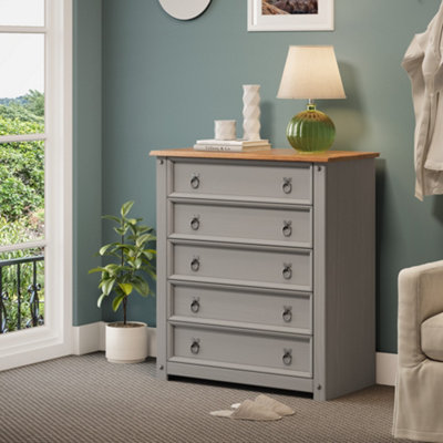 Mercers Furniture Grey Corona Wax 5 Drawer Chest Of Drawers Solid Pine With Mexican Styling Small