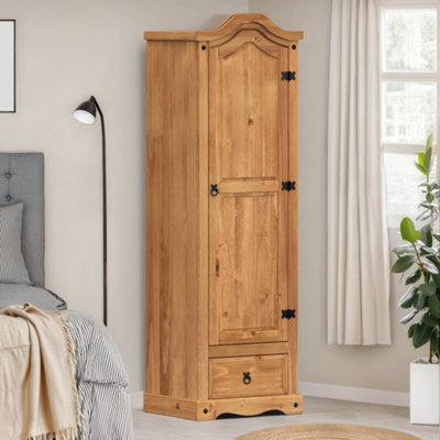 Mercers Furniture Corona 1 Door 1 Drawer Wardrobe Solid Wood Pine Wooden - Antique Wax - Image 4